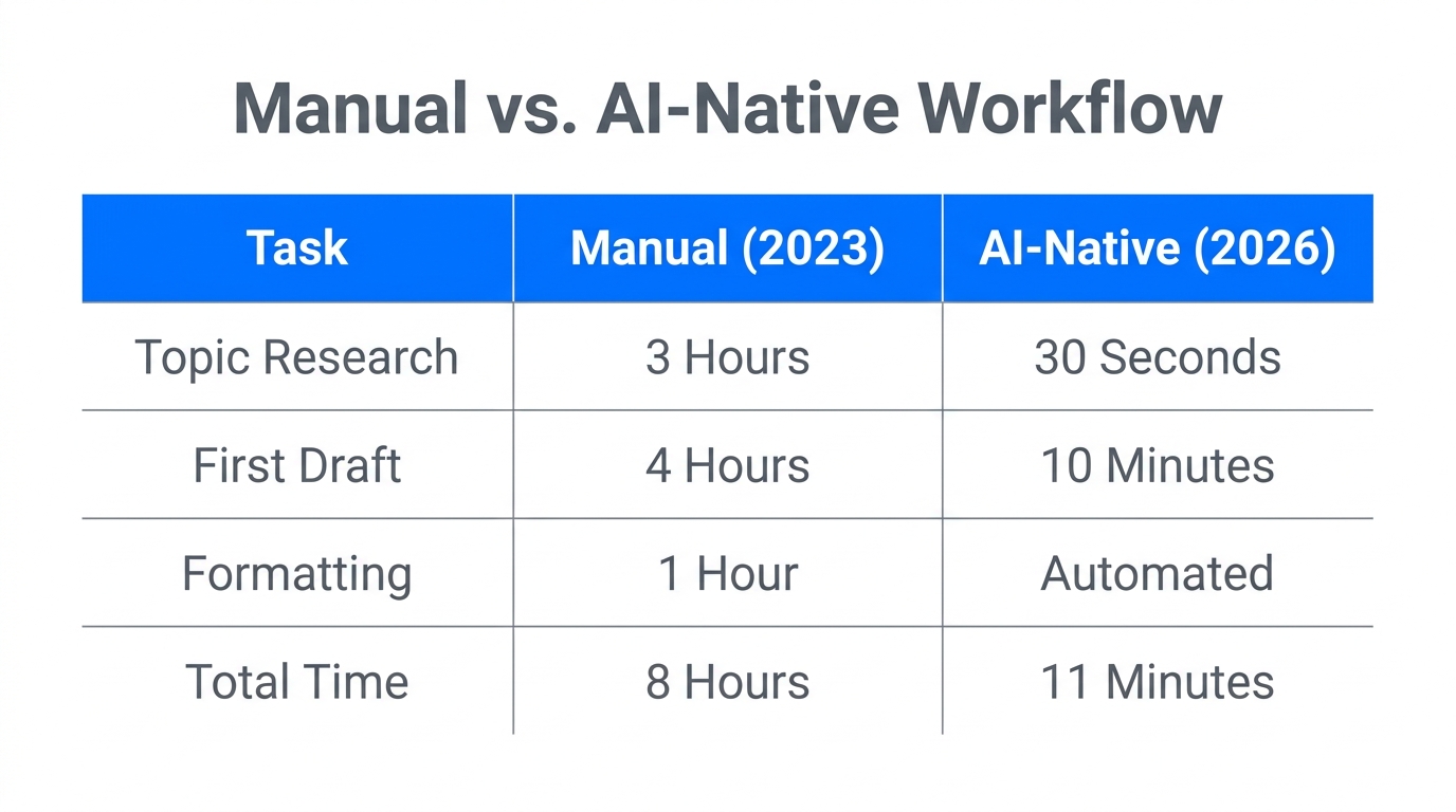 Efficiency gains comparing traditional manual workflows to AI-native publishing.