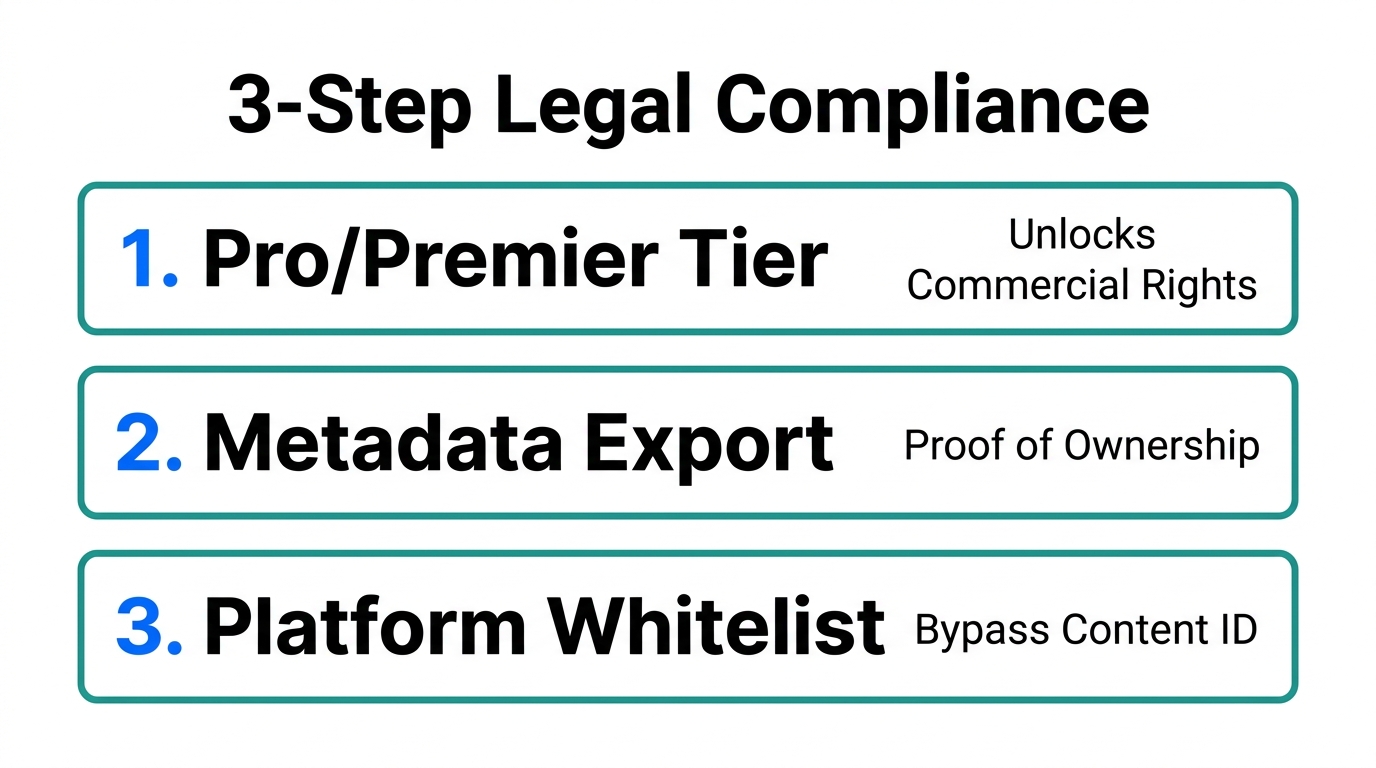 Essential legal steps to ensure copyright compliance for AI-generated music.