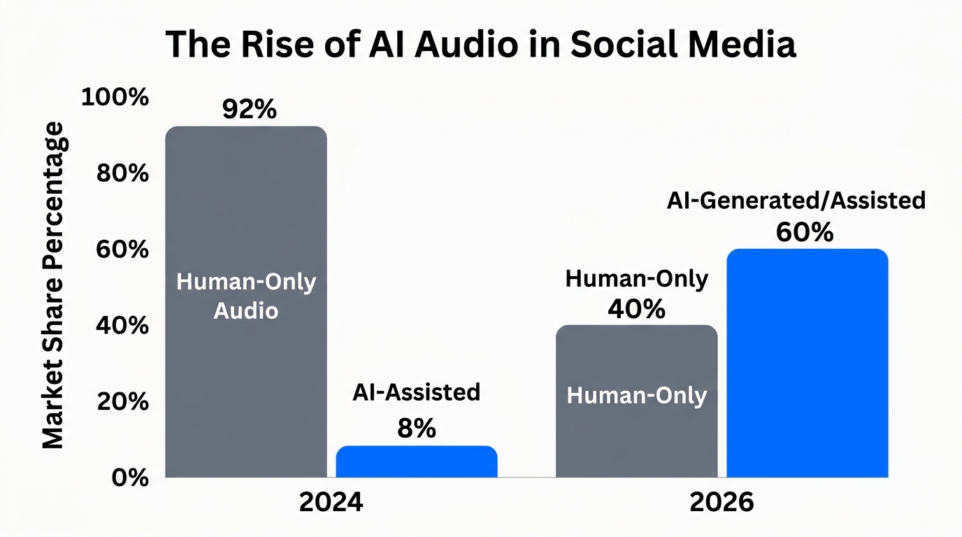 Projected growth of AI-generated audio content on social platforms by 2026.