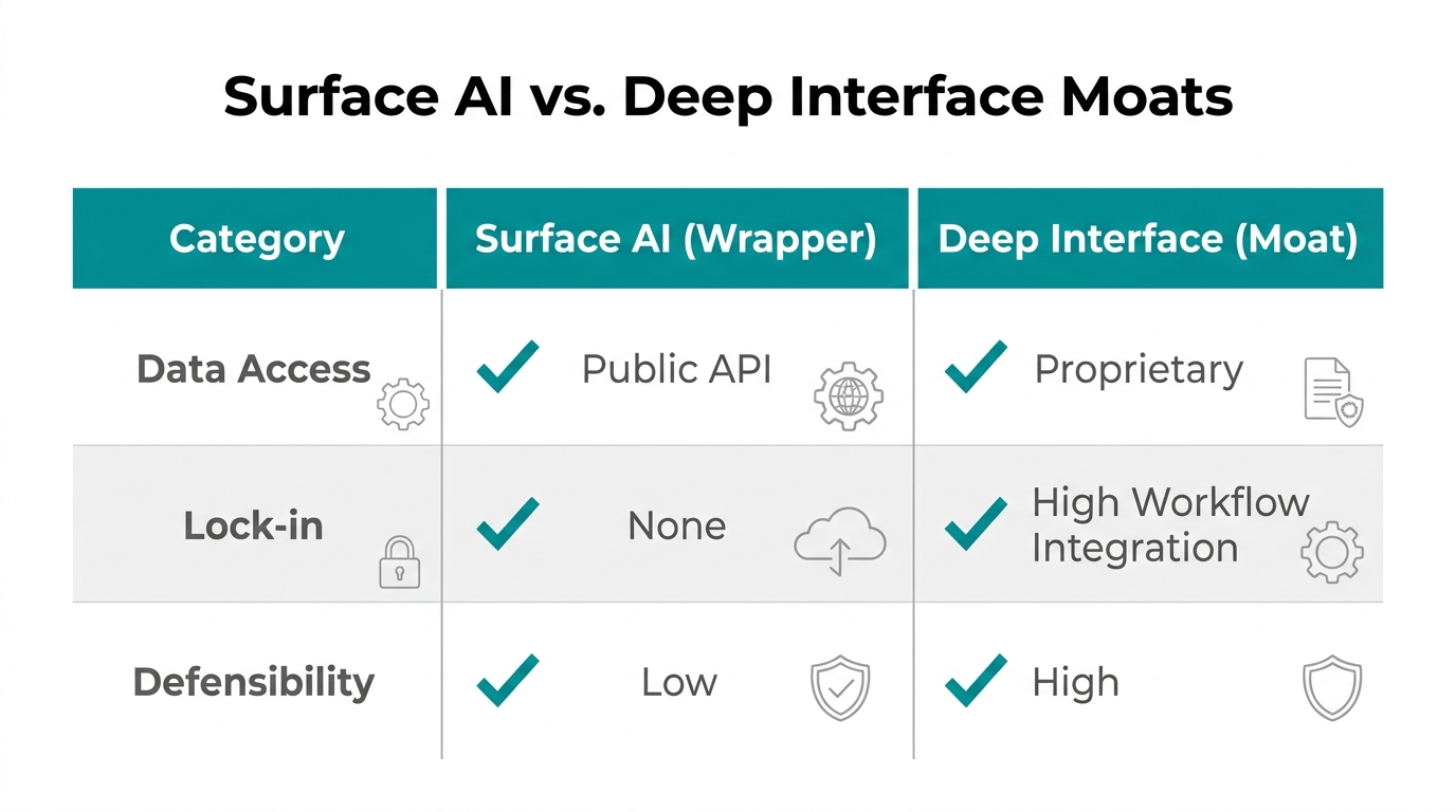 Structural differences between fragile AI wrappers and durable moats.
