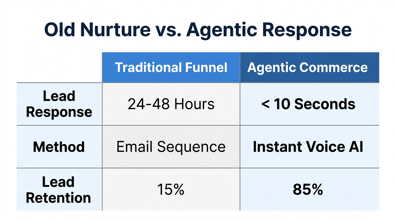 Comparison of traditional email nurturing versus modern instant AI voice response.