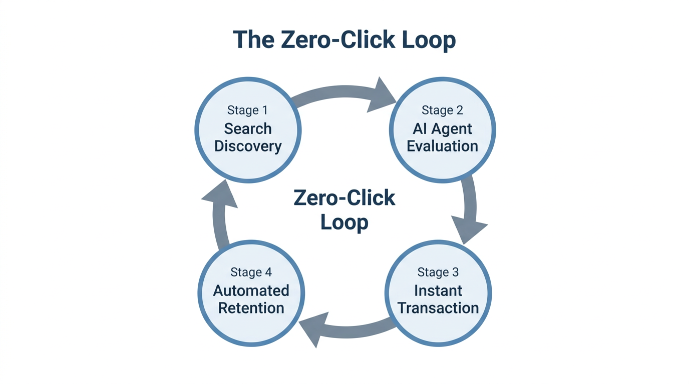 The continuous cycle of agentic commerce replacing the linear AIDA funnel.