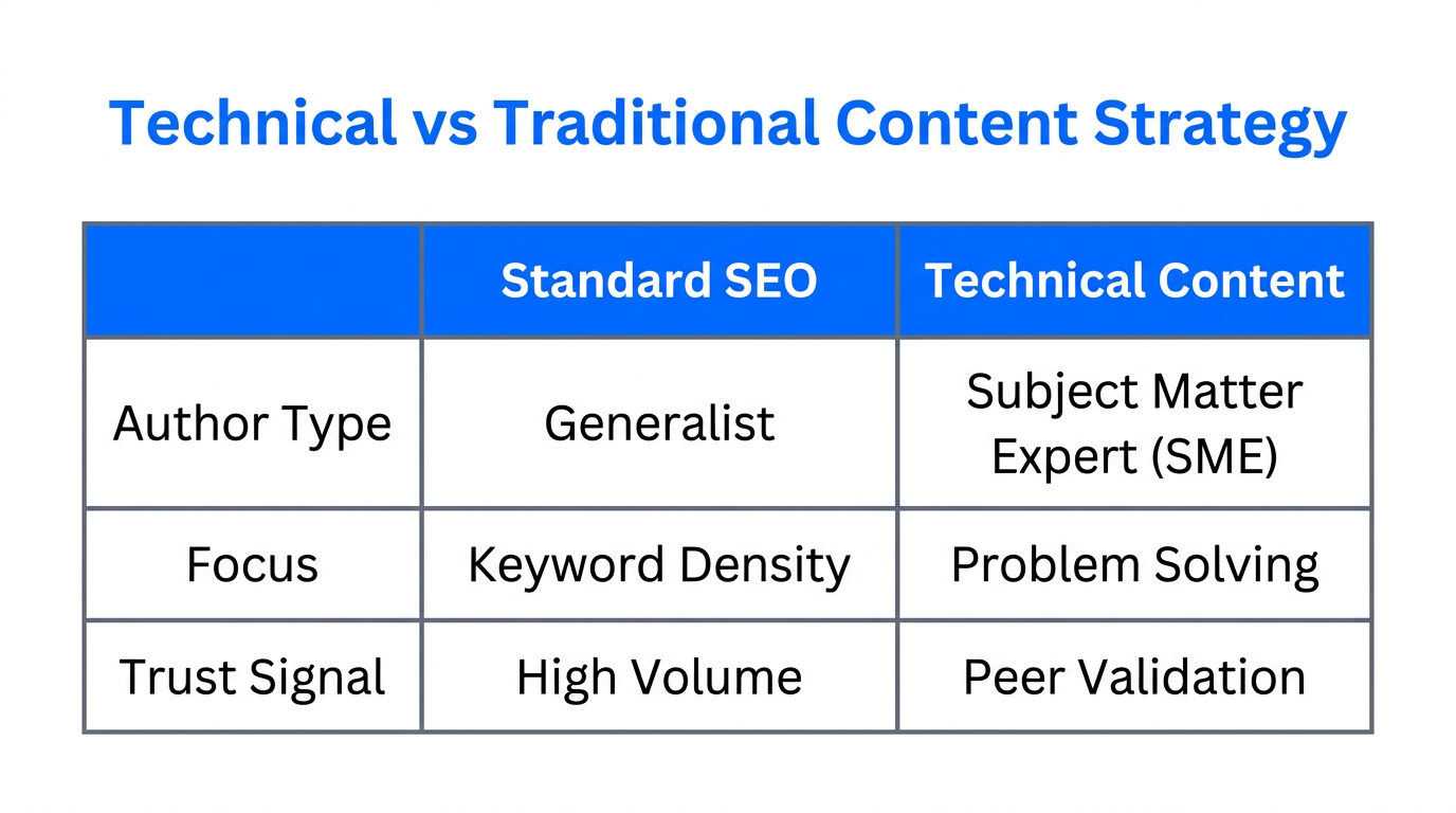 Comparison of traditional SEO methods versus technical DevRel content strategies.