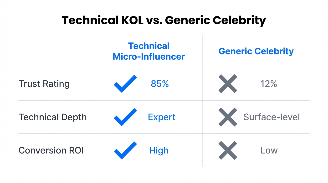 Comparison of Technical KOLs vs generic celebrities for B2B trust.