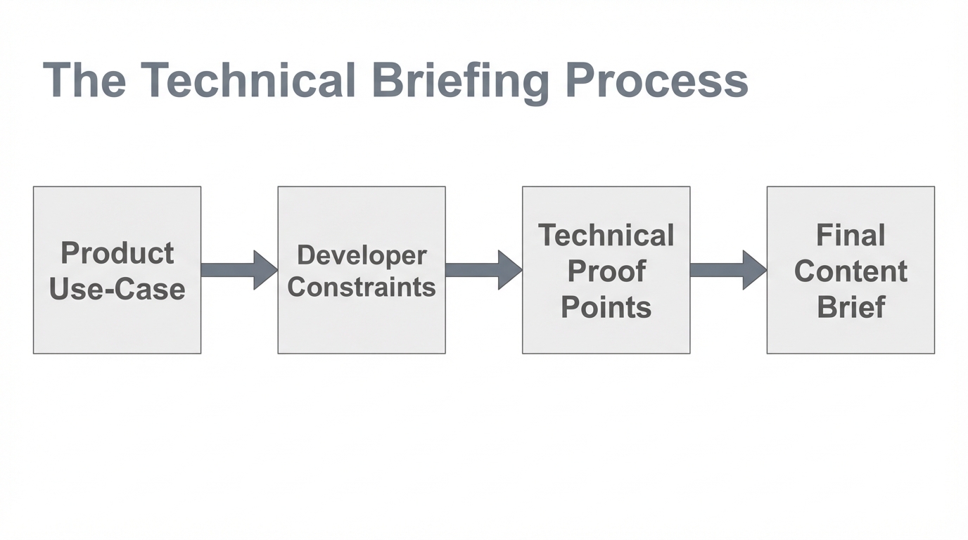 Workflow for creating high-authority briefs for technical content creators.