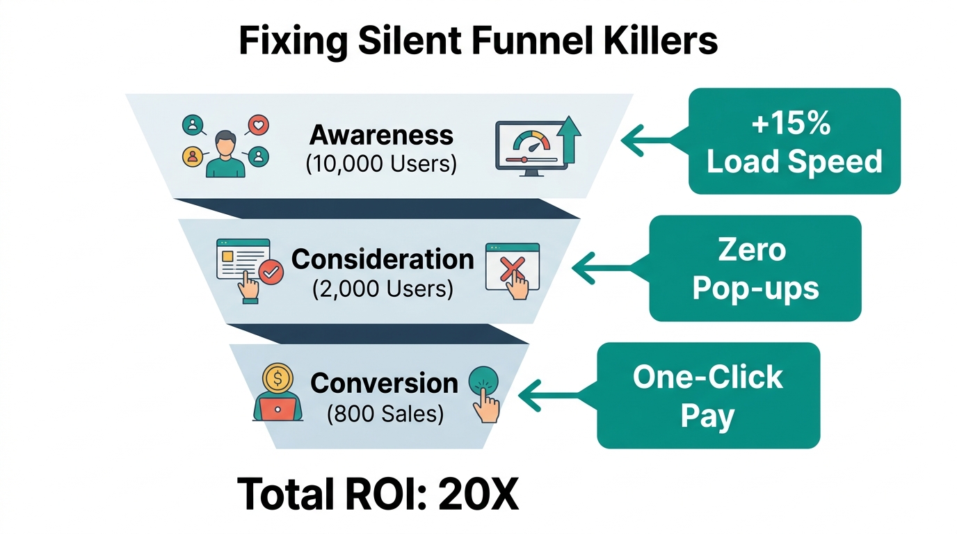 Funnel visualization showing conversion improvements through friction removal.