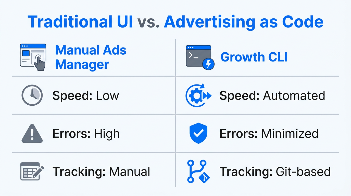 Comparison of manual management versus the high-efficiency Advertising as Code model.