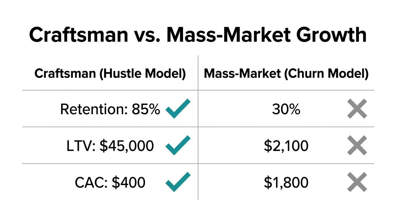 Comparing the financial efficiency of craftsman scaling versus mass marketing.