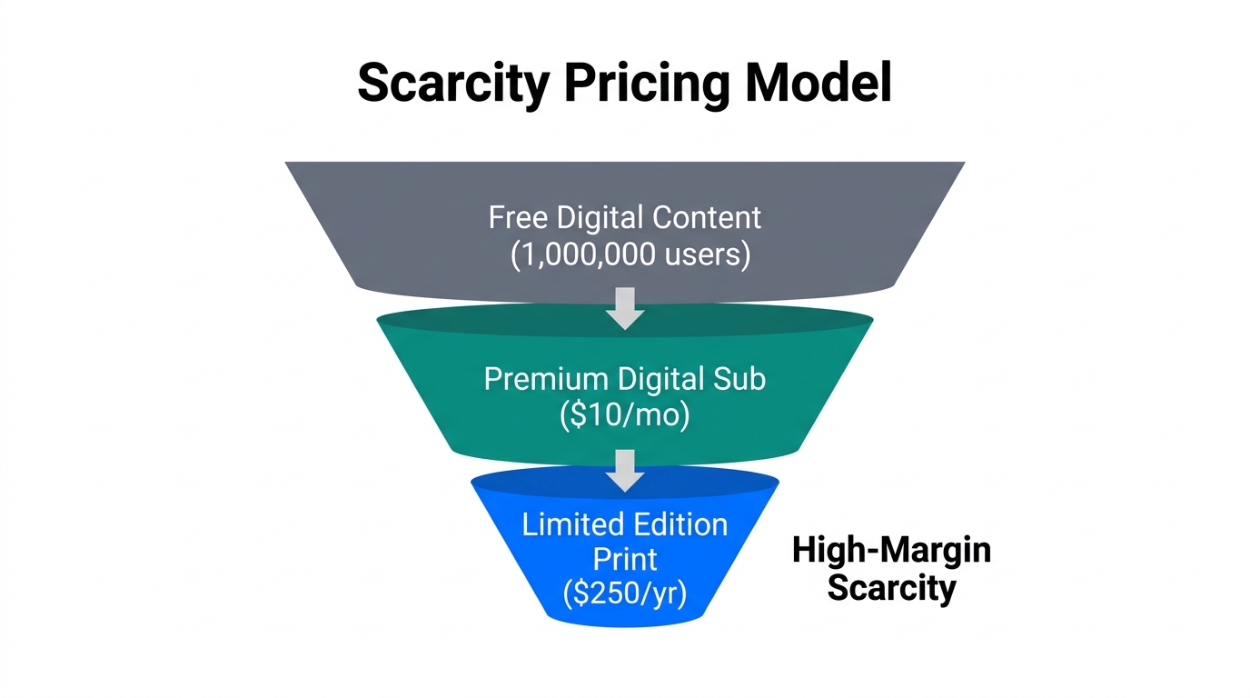 Funnel showing the transition from mass digital reach to high-margin print.