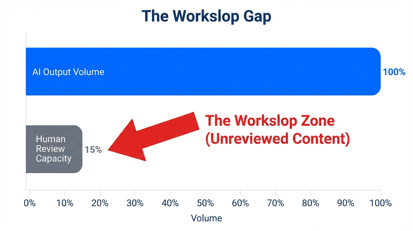 Comparison of AI content volume versus human review limitations.