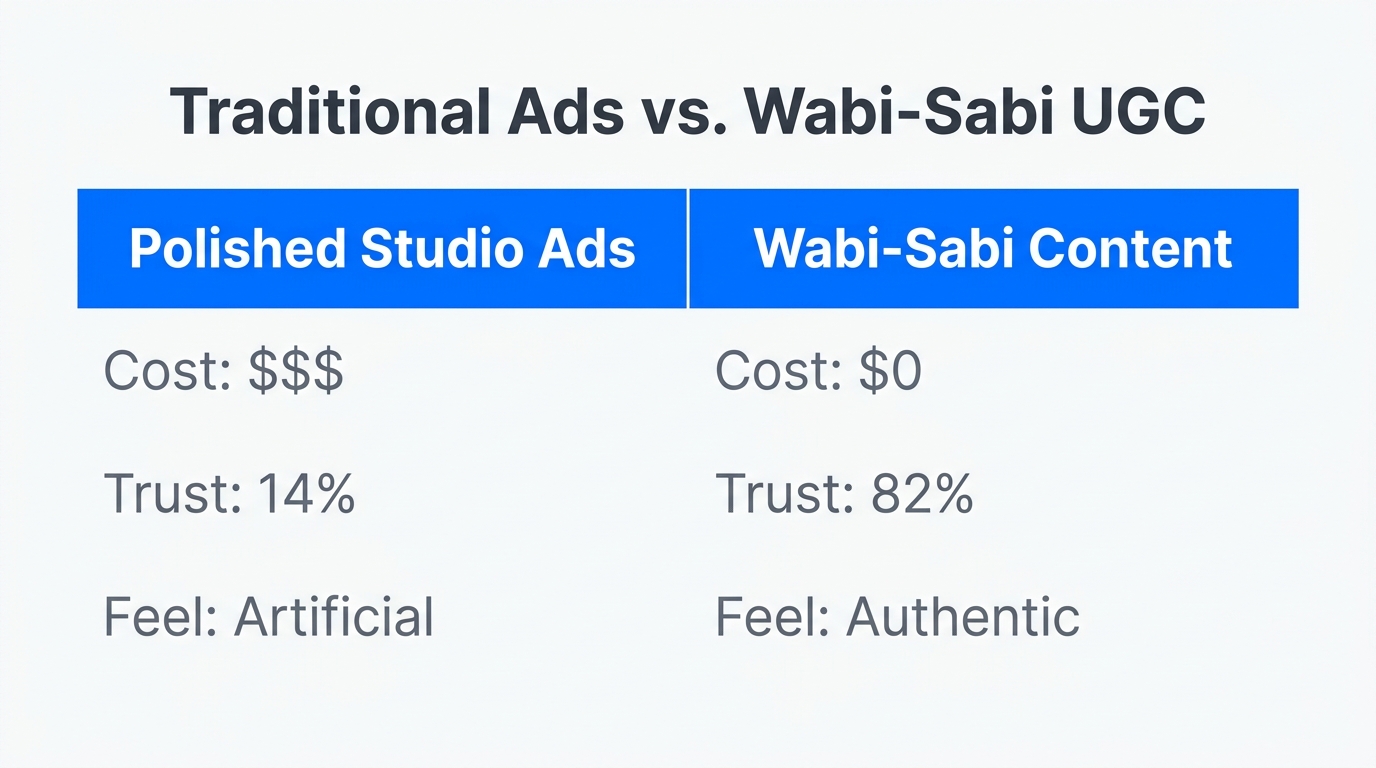 Comparison of traditional high-production ads versus high-trust Wabi-Sabi content.
