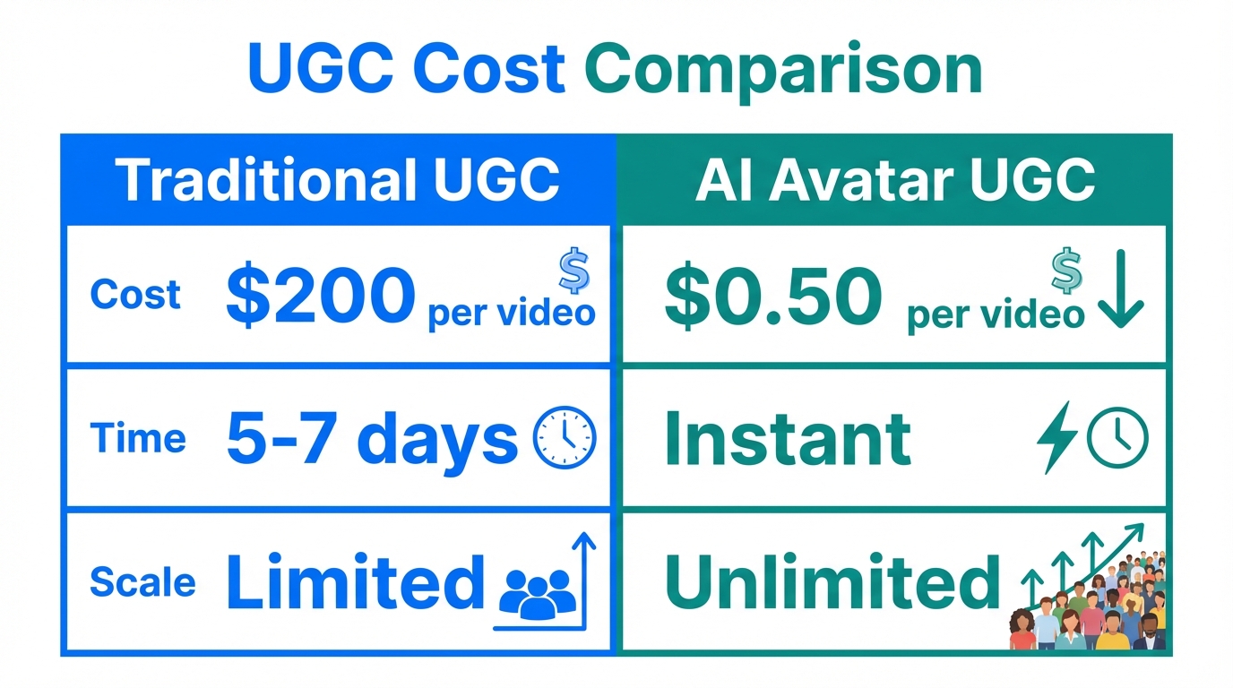 Significant cost reduction using AI UGC avatars over traditional methods.