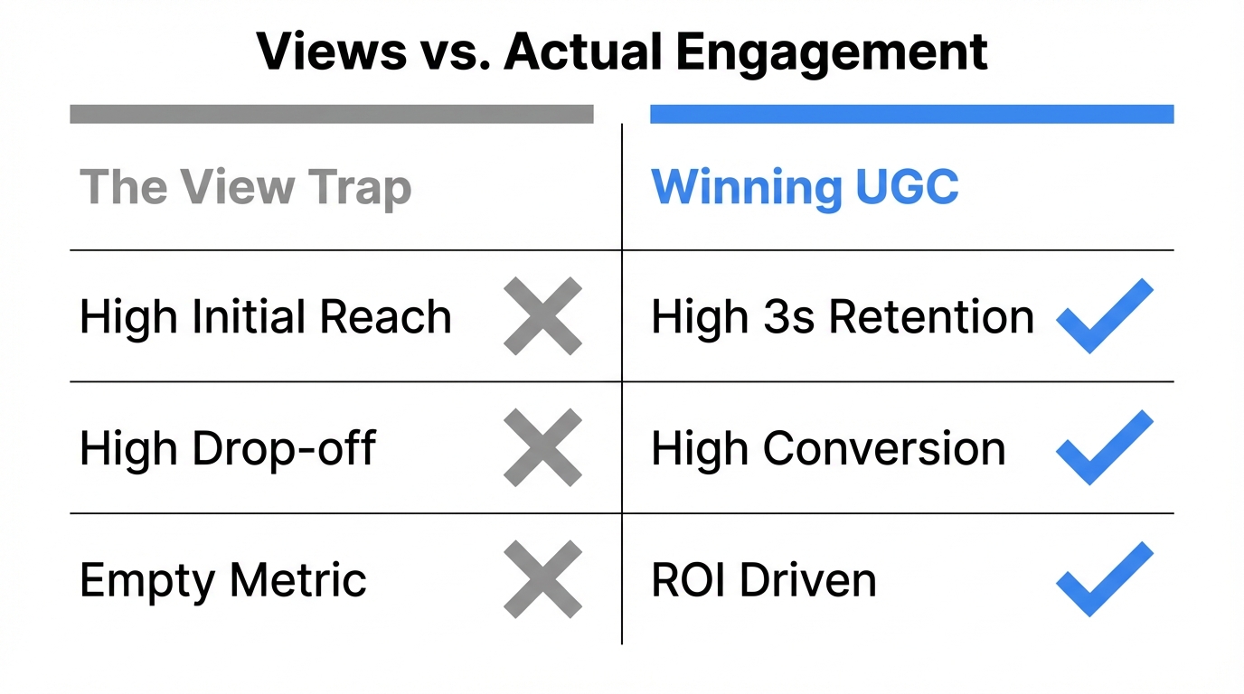 Comparison table distinguishing vanity metrics from high-retention UGC strategies.