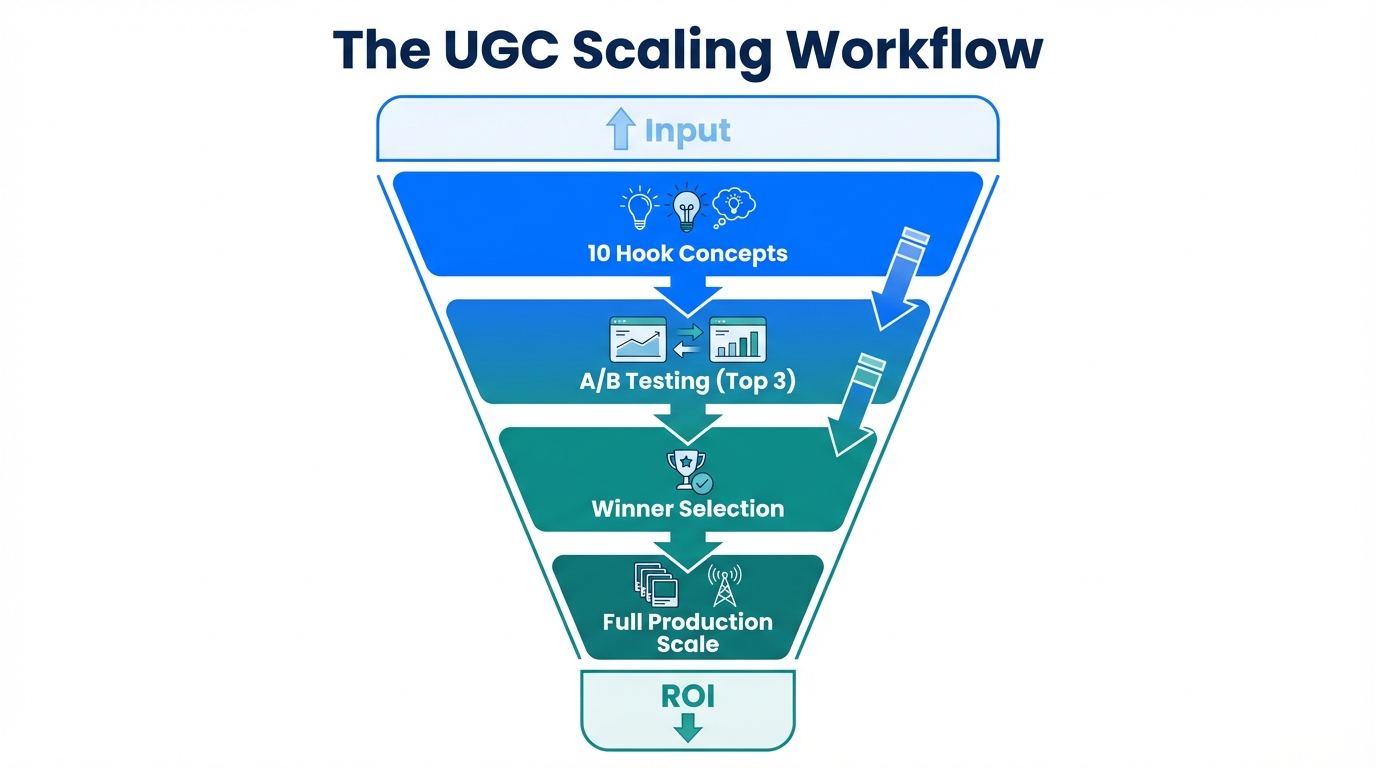 The funnel process for testing and scaling winning hook variations.