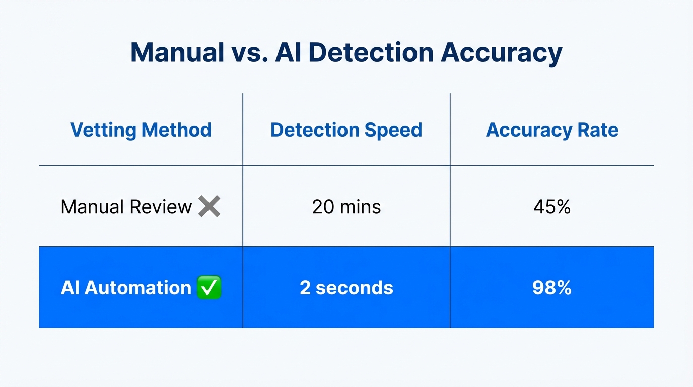 Comparison of manual vetting efficiency versus AI-powered fraud detection.