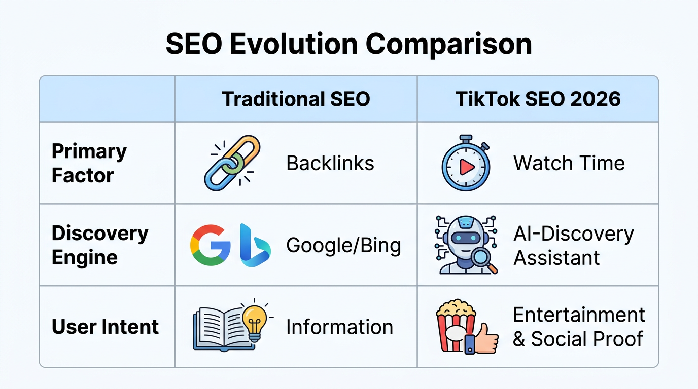 Comparing traditional SEO fundamentals with the new TikTok SEO landscape.