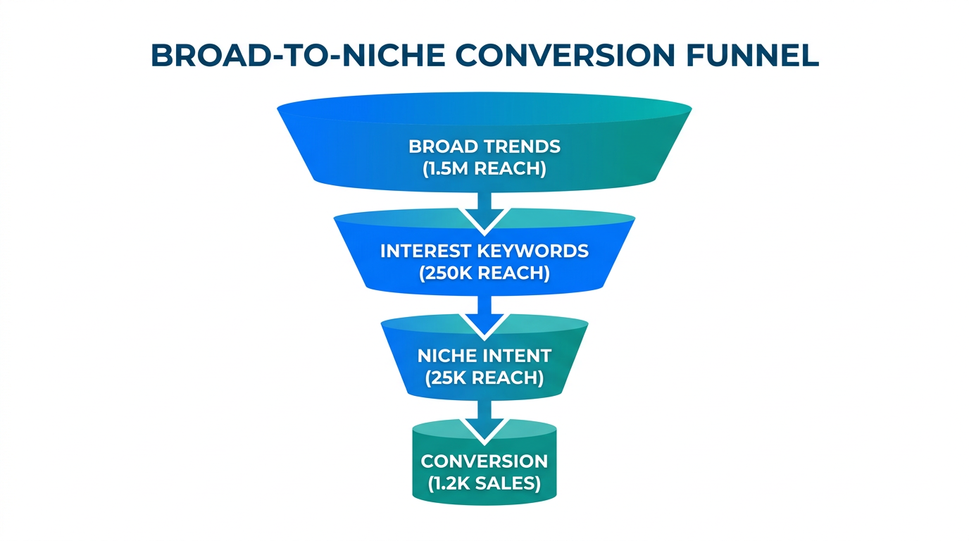 Visualizing the TikTok SEO funnel from broad reach to conversion.