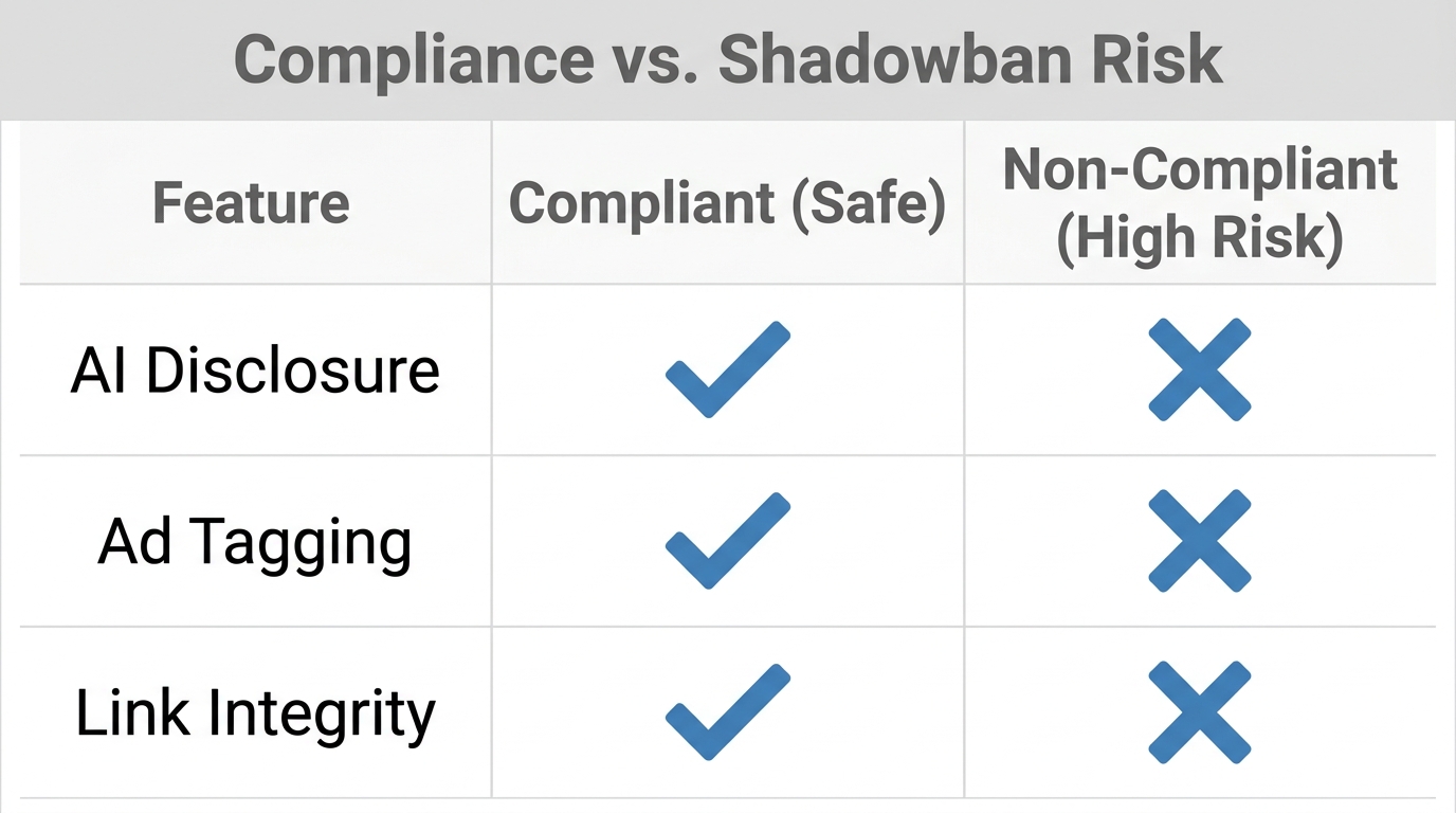 Comparison of safe content practices versus high-risk shadowban triggers.