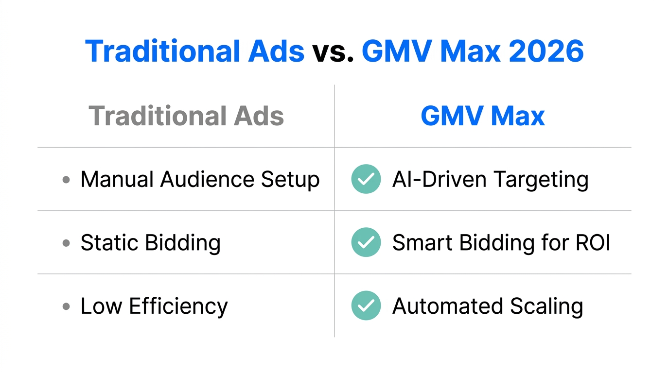 Comparison of traditional manual ad setups versus automated GMV Max bidding.