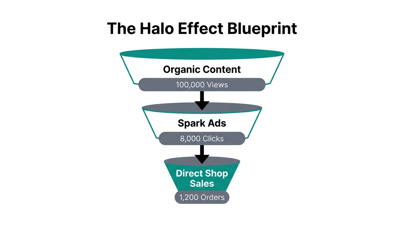 The Halo Effect funnel showing organic content driving paid conversions.