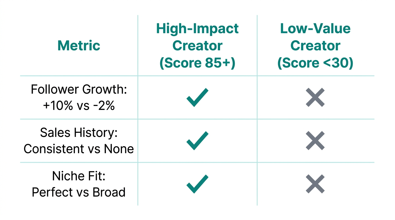 Comparison of AI-driven success scoring metrics for creator recruitment.