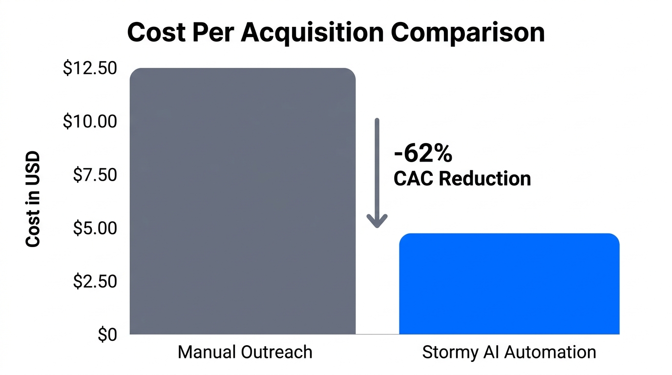 A comparison showing 62% reduction in CAC using AI automation.
