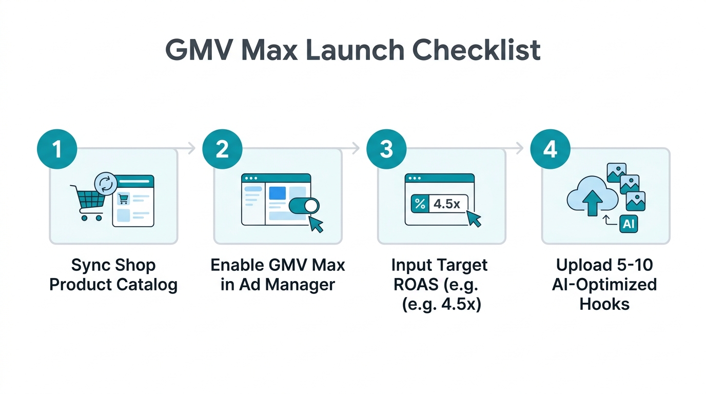 Four-step technical setup guide for launching GMV Max campaigns.