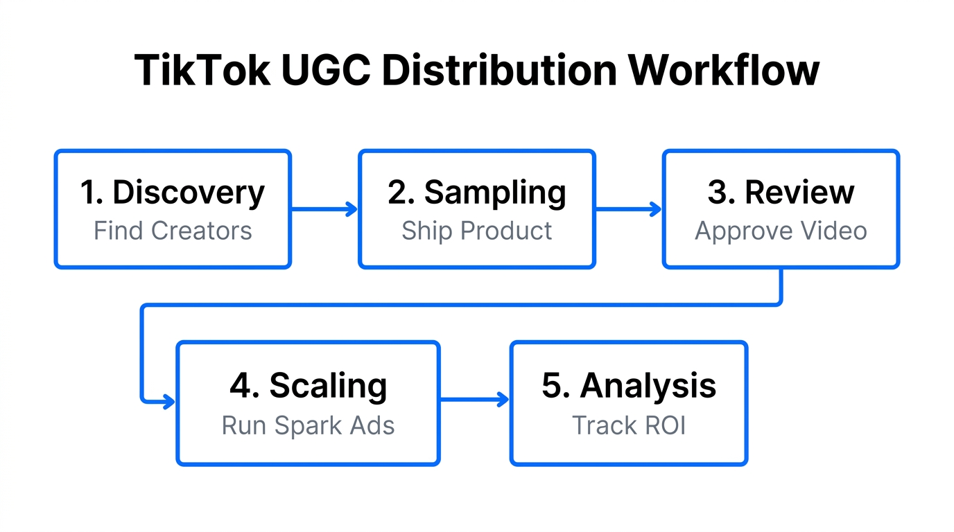 Creator-led distribution workflow from discovery to ROI analysis.
