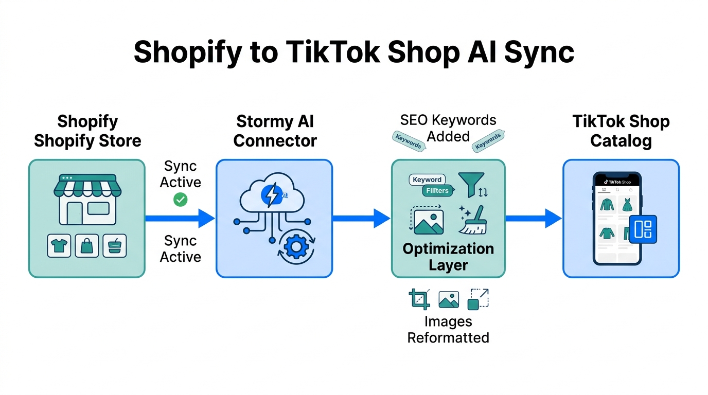 Workflow of syncing and optimizing products from Shopify to TikTok.