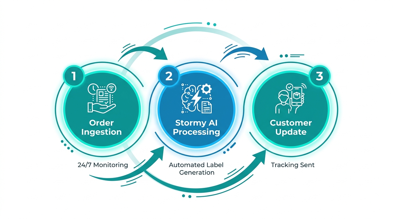 The 3-step automated order processing cycle using Stormy AI.