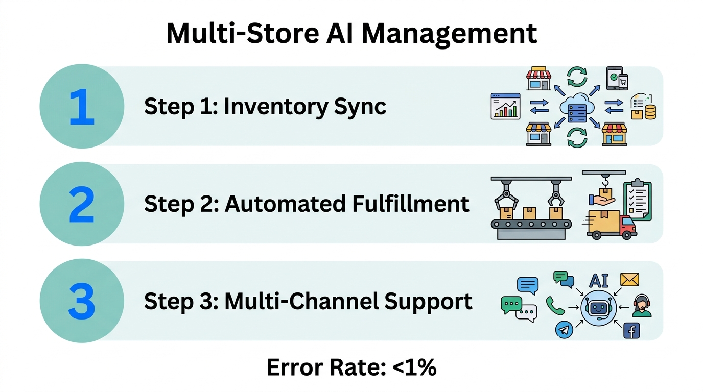 Three-step process for managing multiple storefronts using AI automation