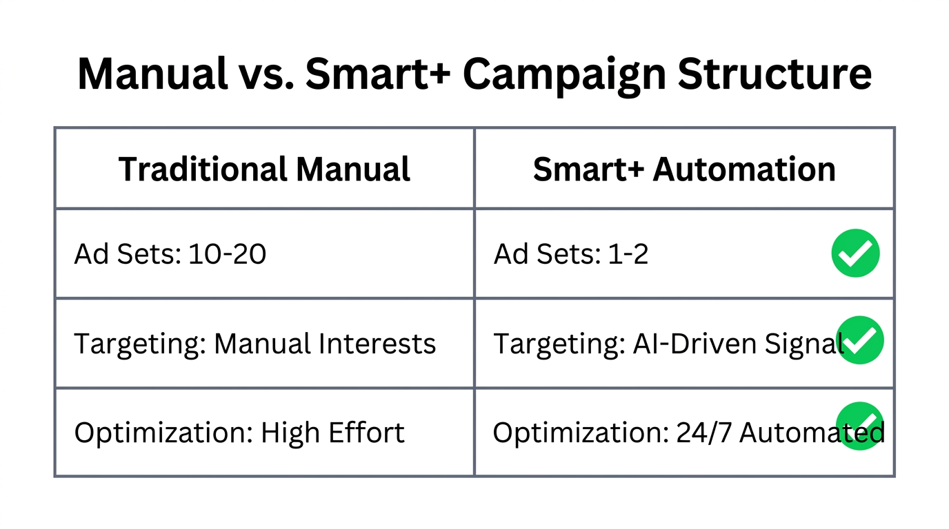 Efficiency comparison between manual campaign management and Smart+ ad consolidation.