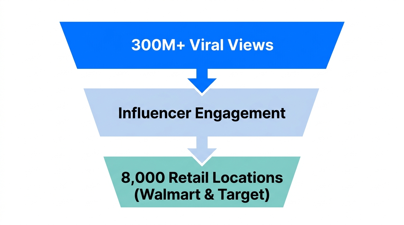 The funnel from viral digital reach to 8,000 retail locations.