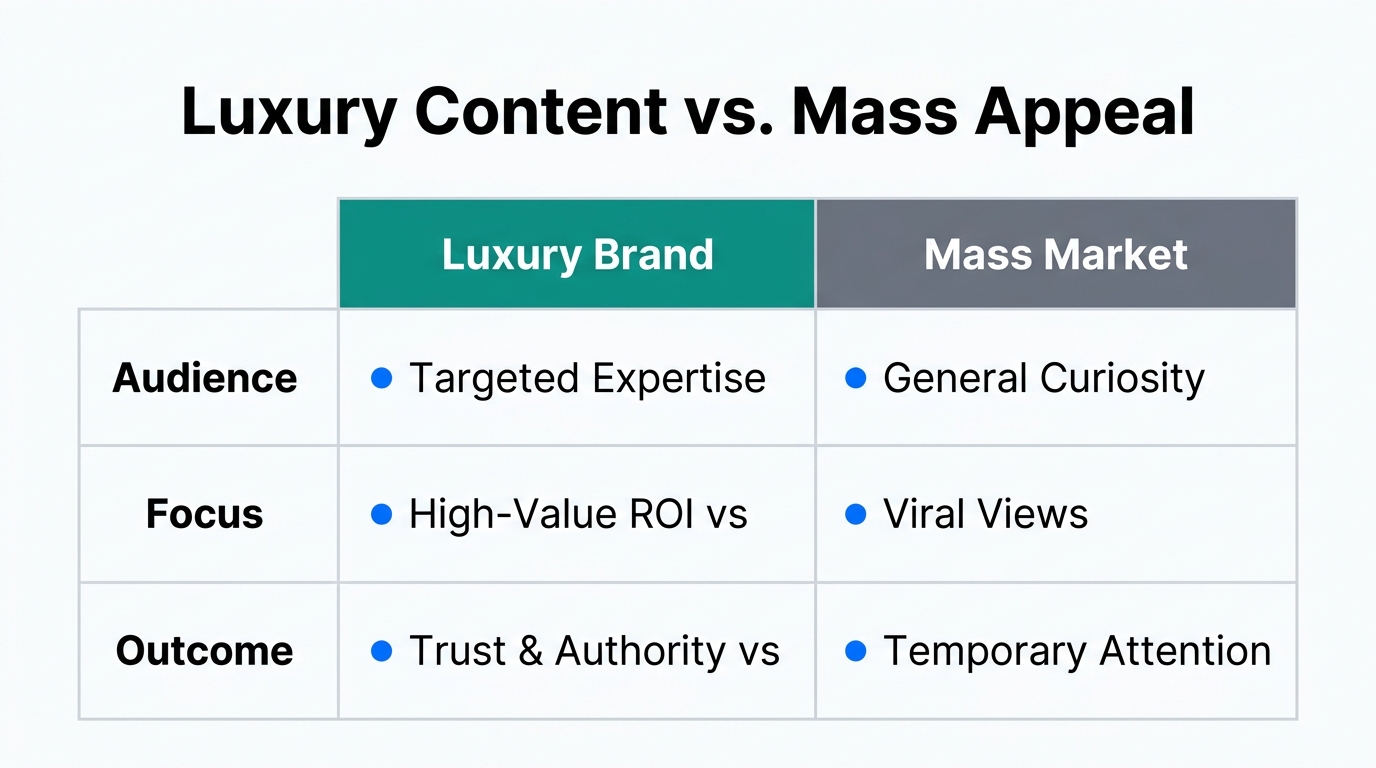 Strategic differences between luxury brand positioning and mass market content.