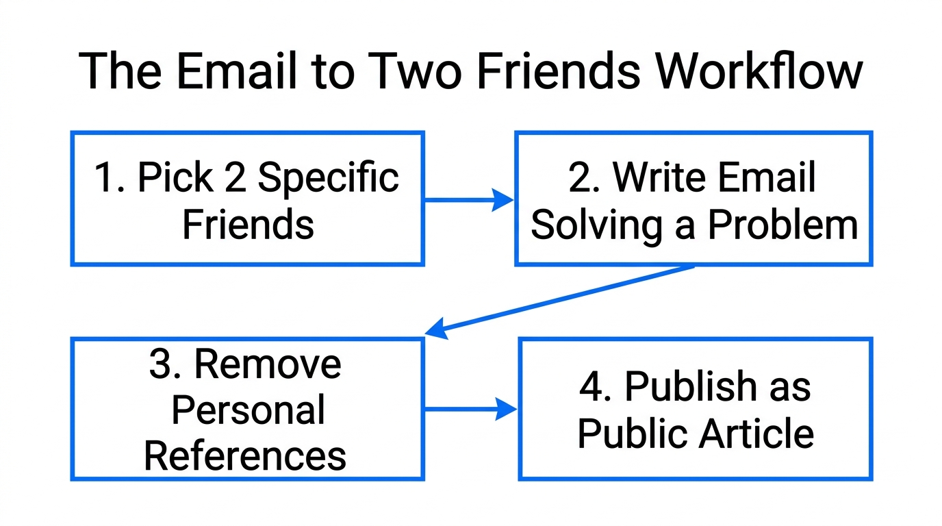Step-by-step workflow for the 'Email to Two Friends' writing technique.