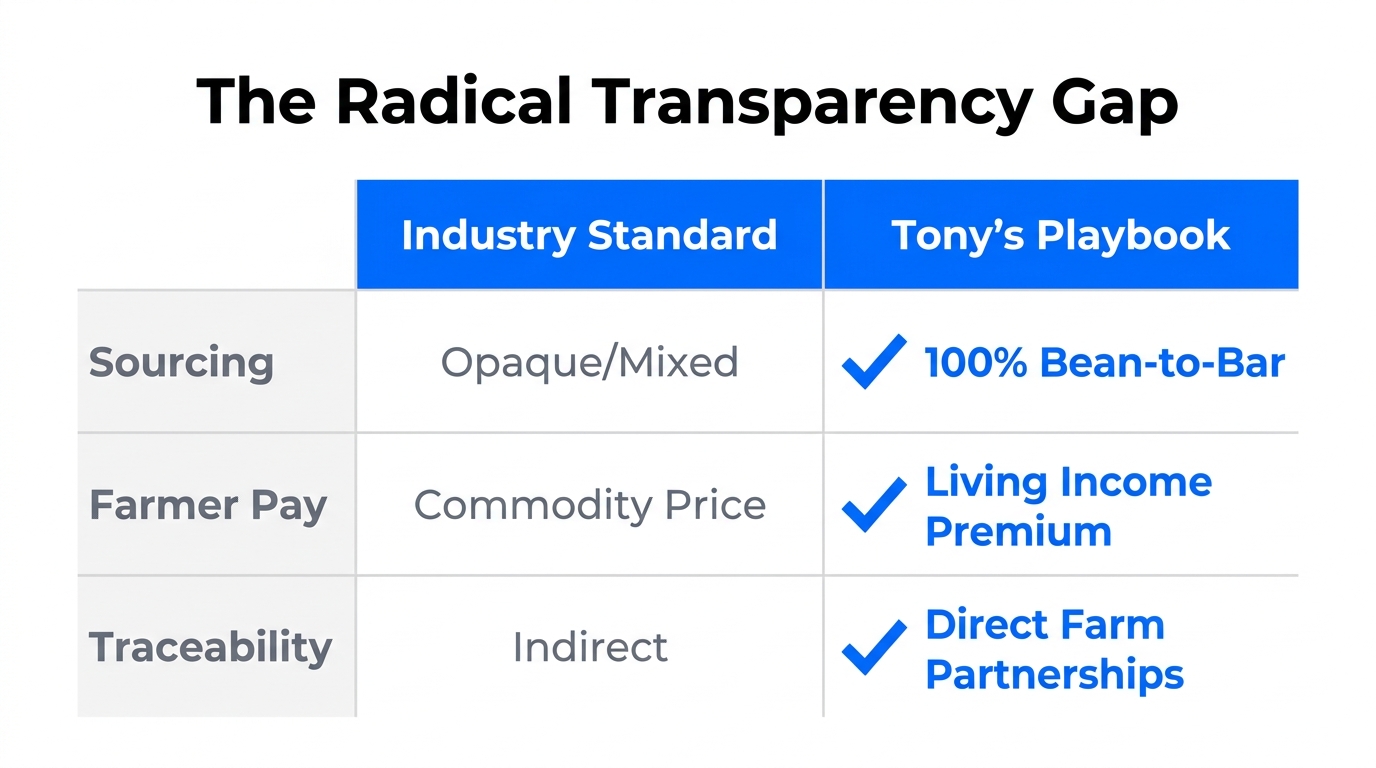 Comparison of traditional chocolate sourcing versus the Tony's transparency model.
