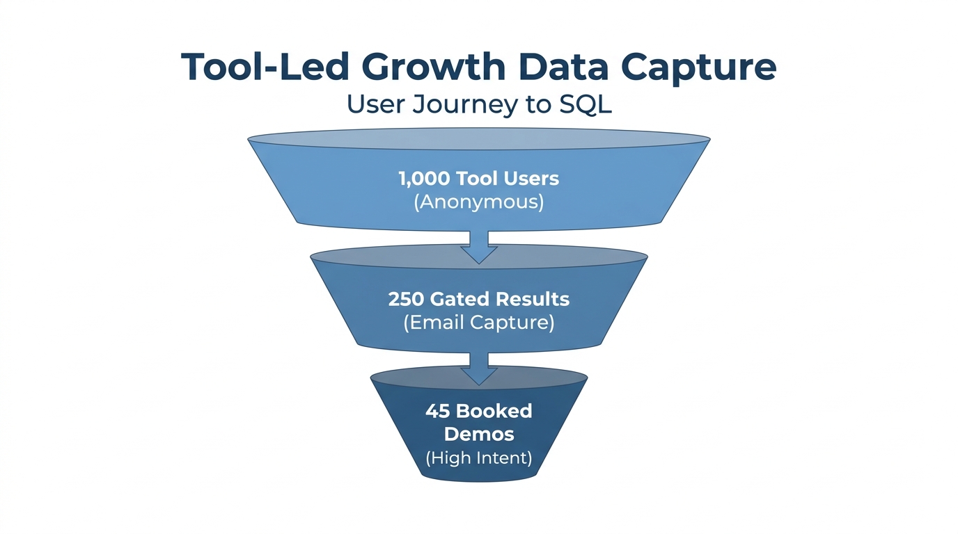 Conversion funnel showing how tool usage translates into qualified leads.