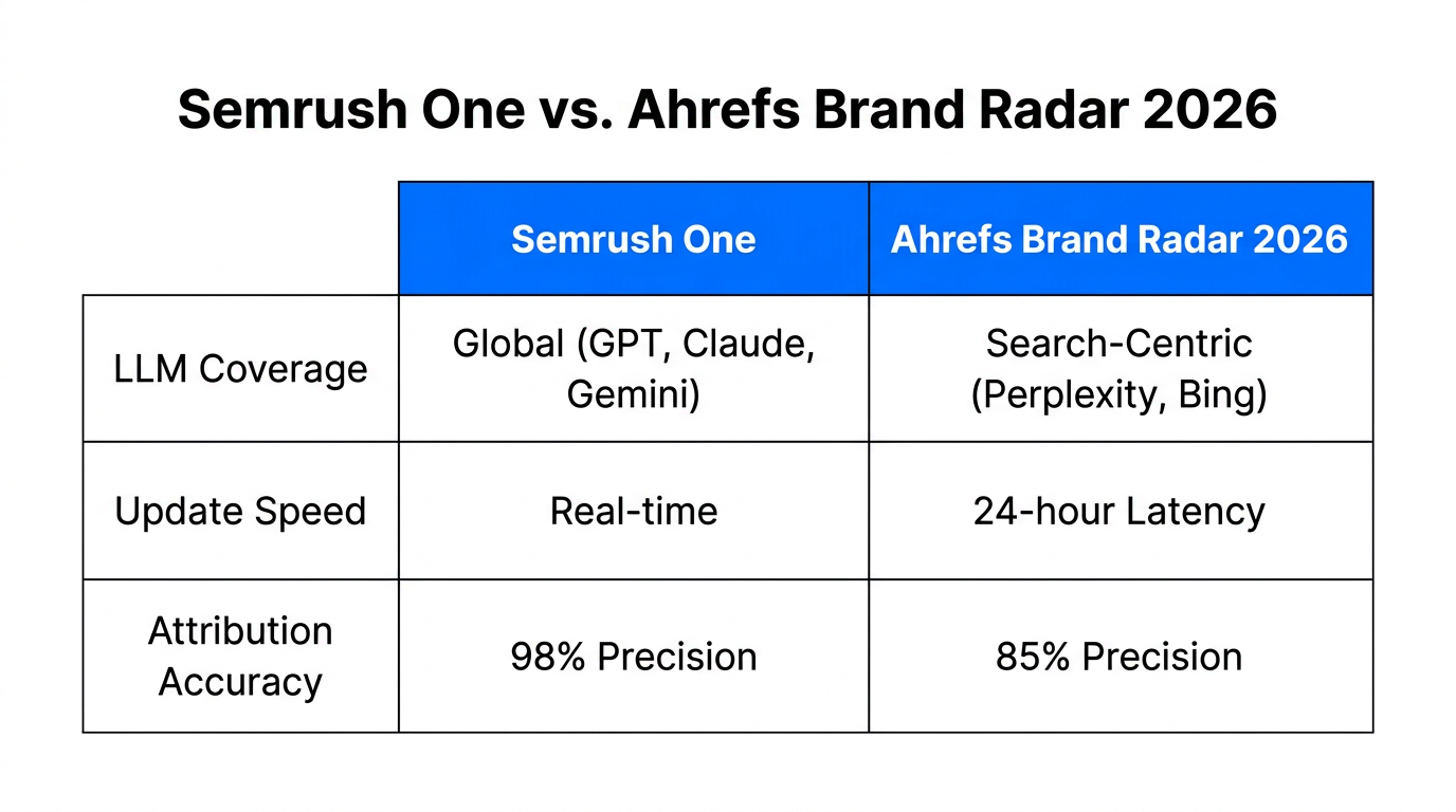 Key feature differences between Semrush One and Ahrefs Brand Radar.