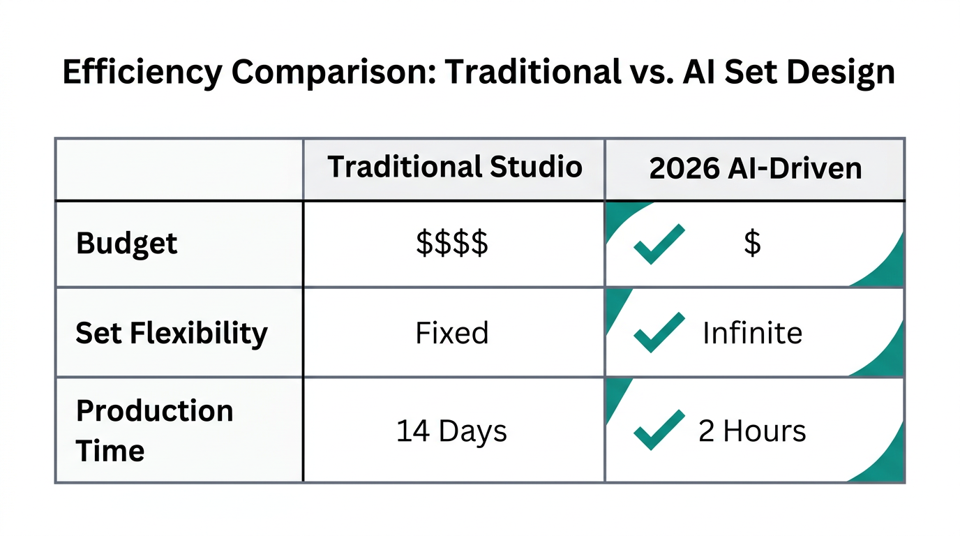 A comparison of production costs and timelines for traditional vs. AI sets.