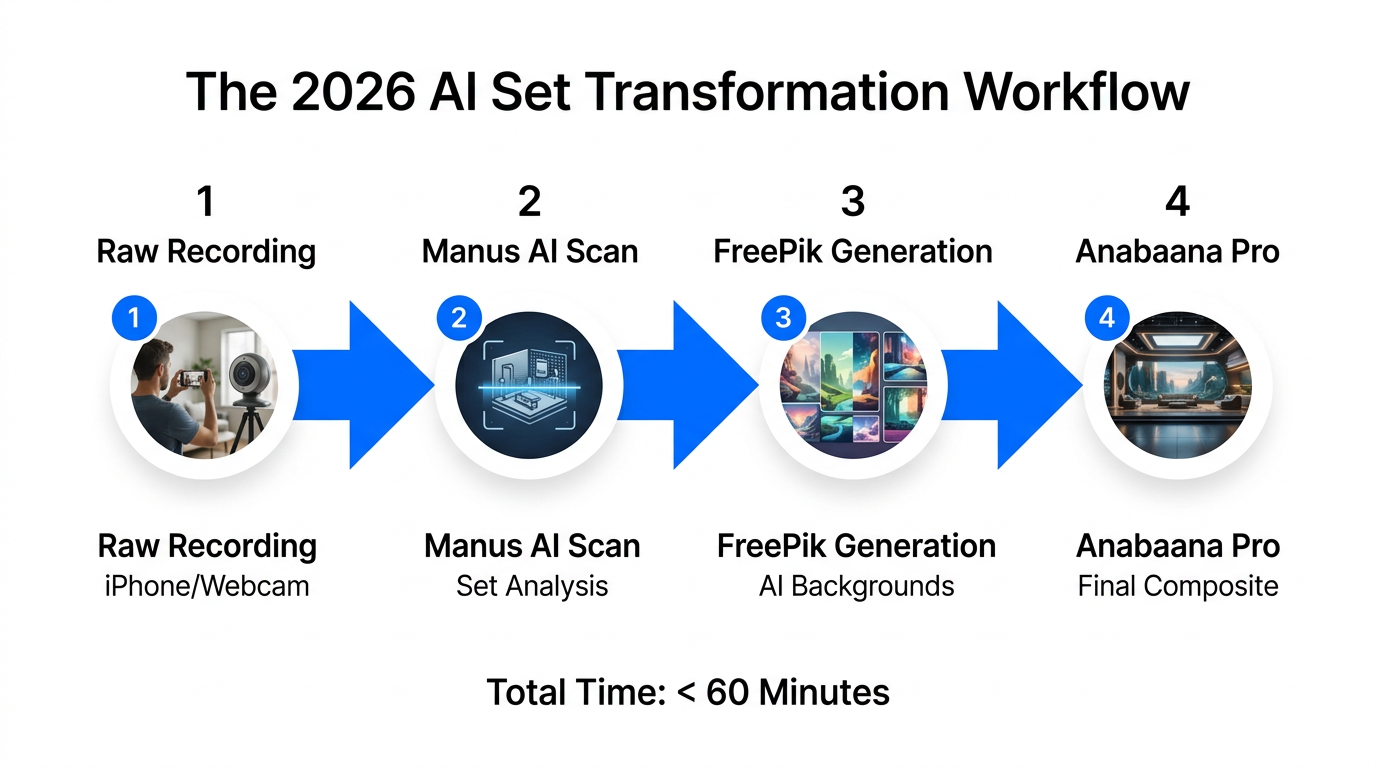 Step-by-step workflow for transforming bedroom footage into high-end virtual sets.