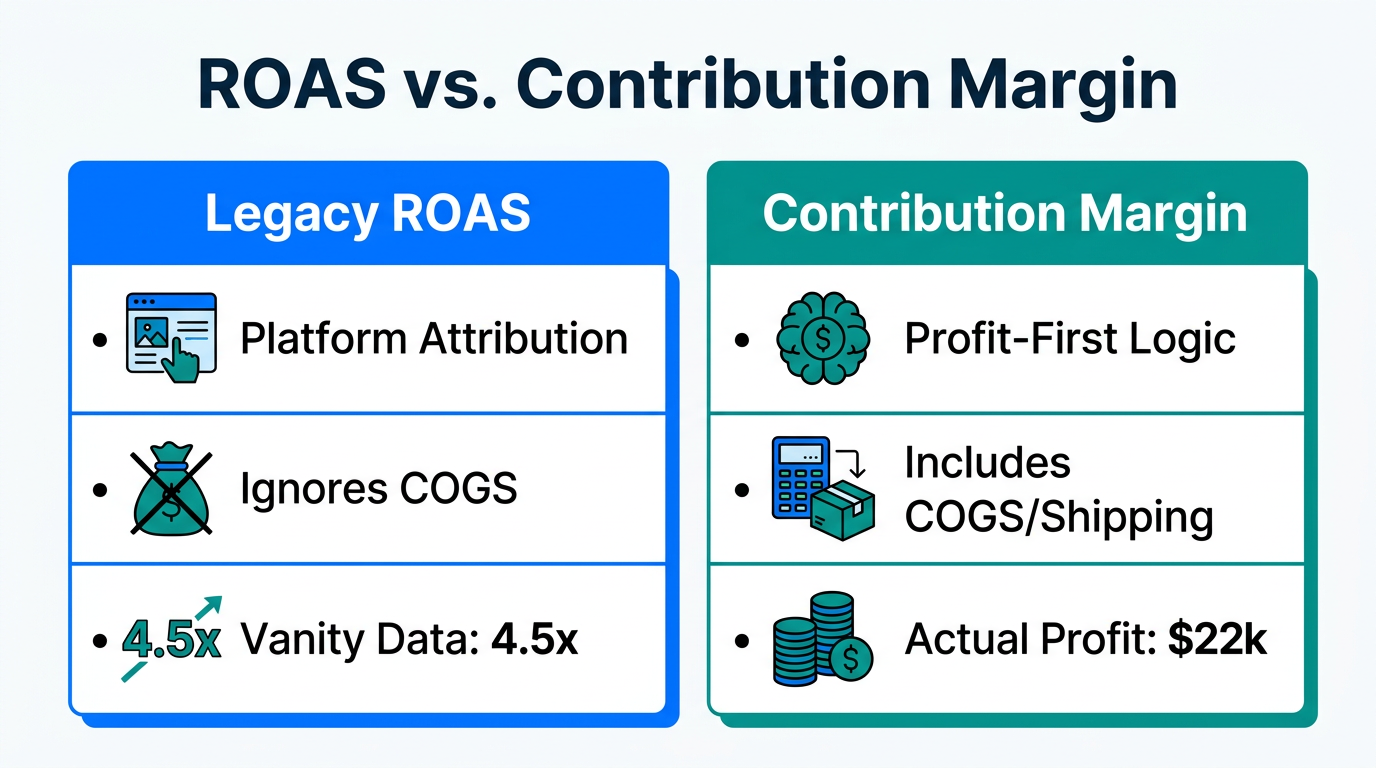 Comparison showing why ROAS is insufficient compared to Contribution Margin.