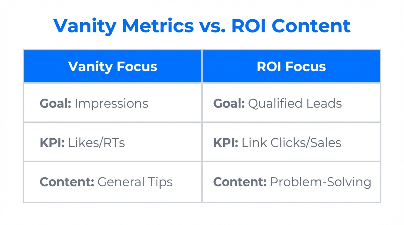 Comparison between engagement-focused posting and sales-driven content strategy.