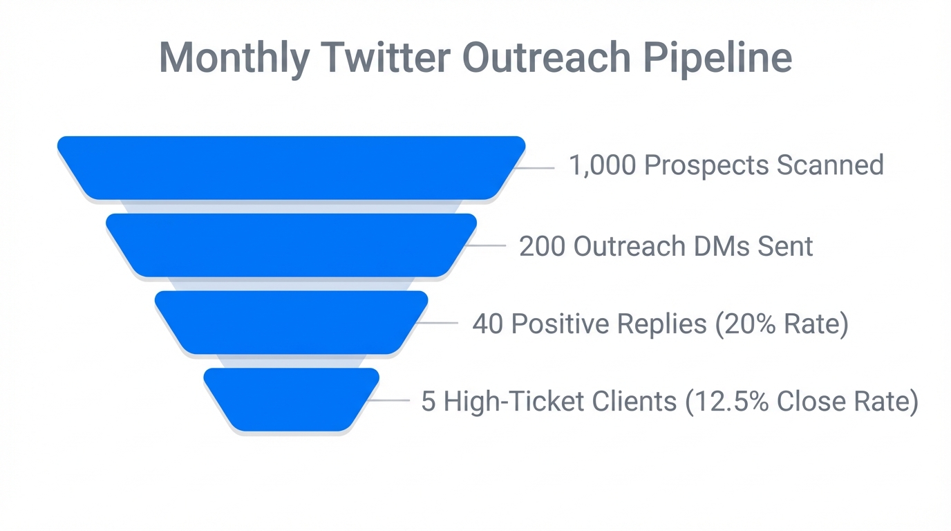 Conversion metrics for a typical high-ticket Twitter outreach pipeline.