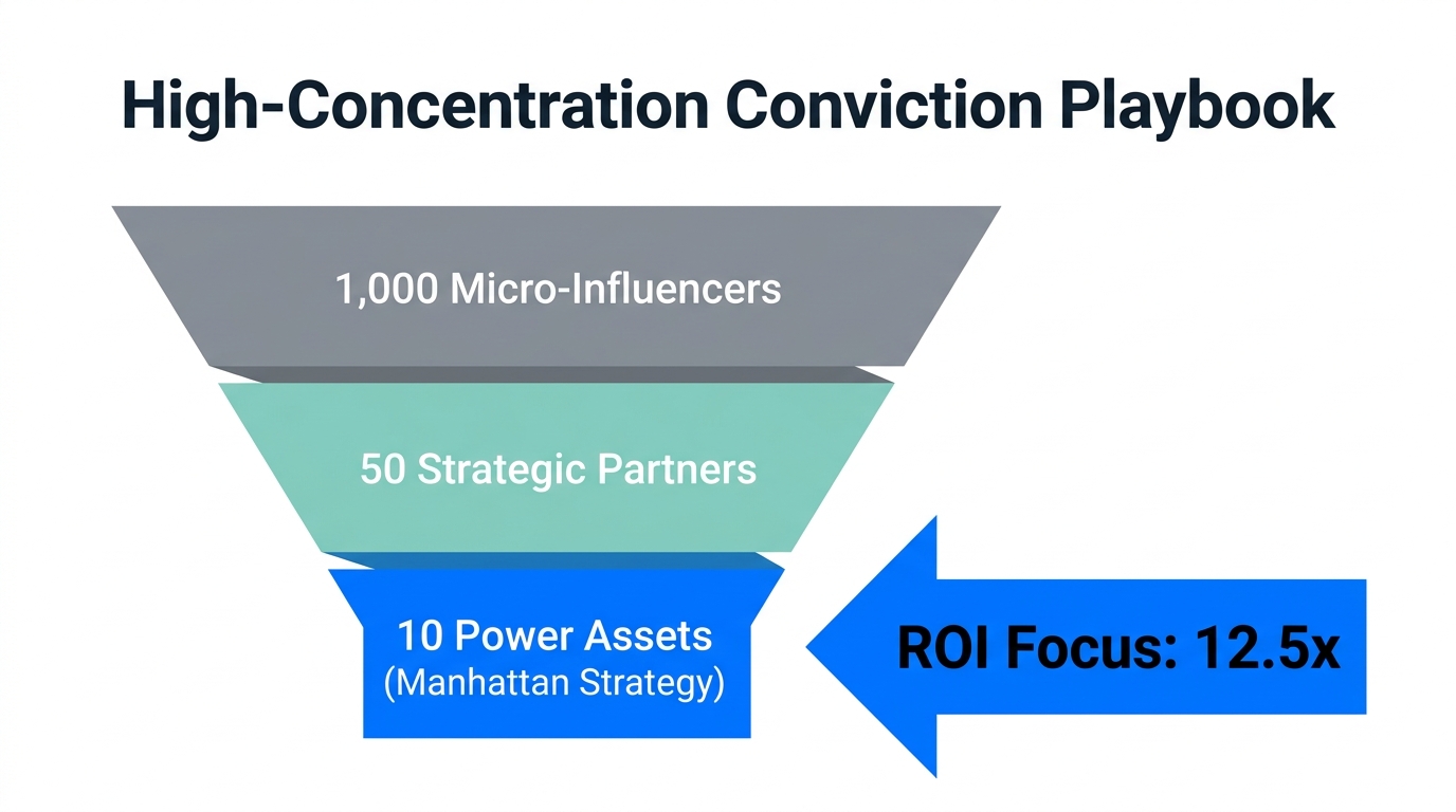 Concentration funnel showing the shift from broad reach to high-conviction assets.