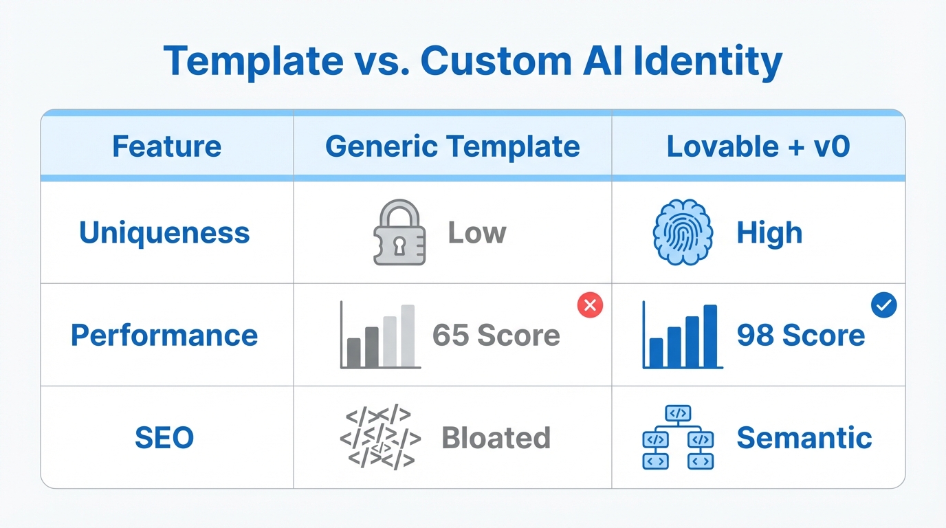 A comparison between generic web templates and custom AI-generated identities.