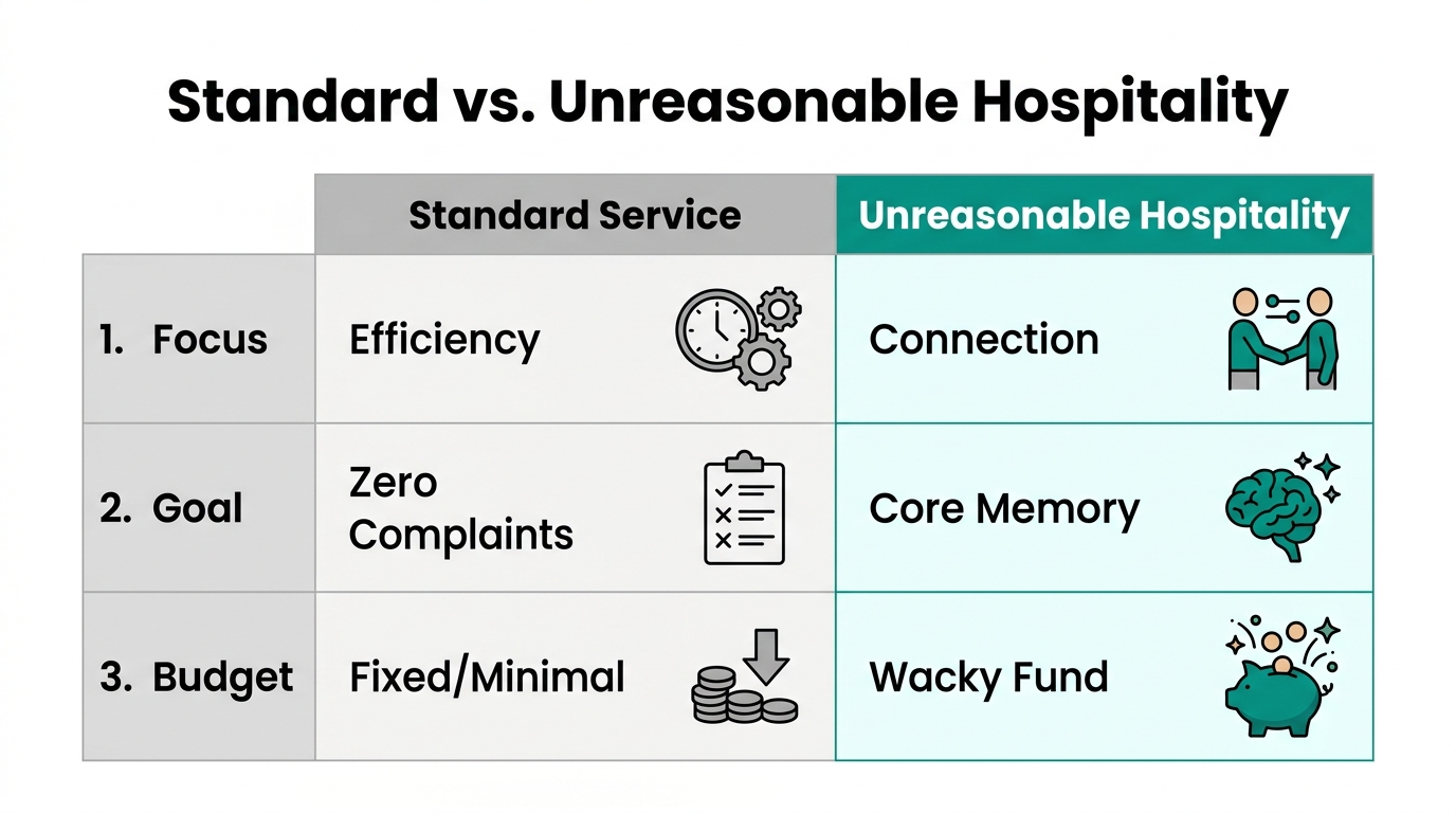 Comparison of traditional service standards versus unreasonable hospitality models.