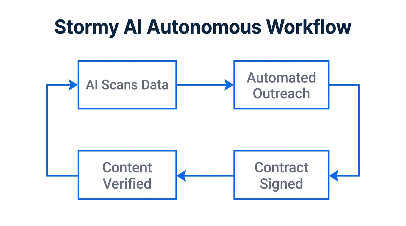The automated workflow behind Stormy AI's autonomous influencer management.