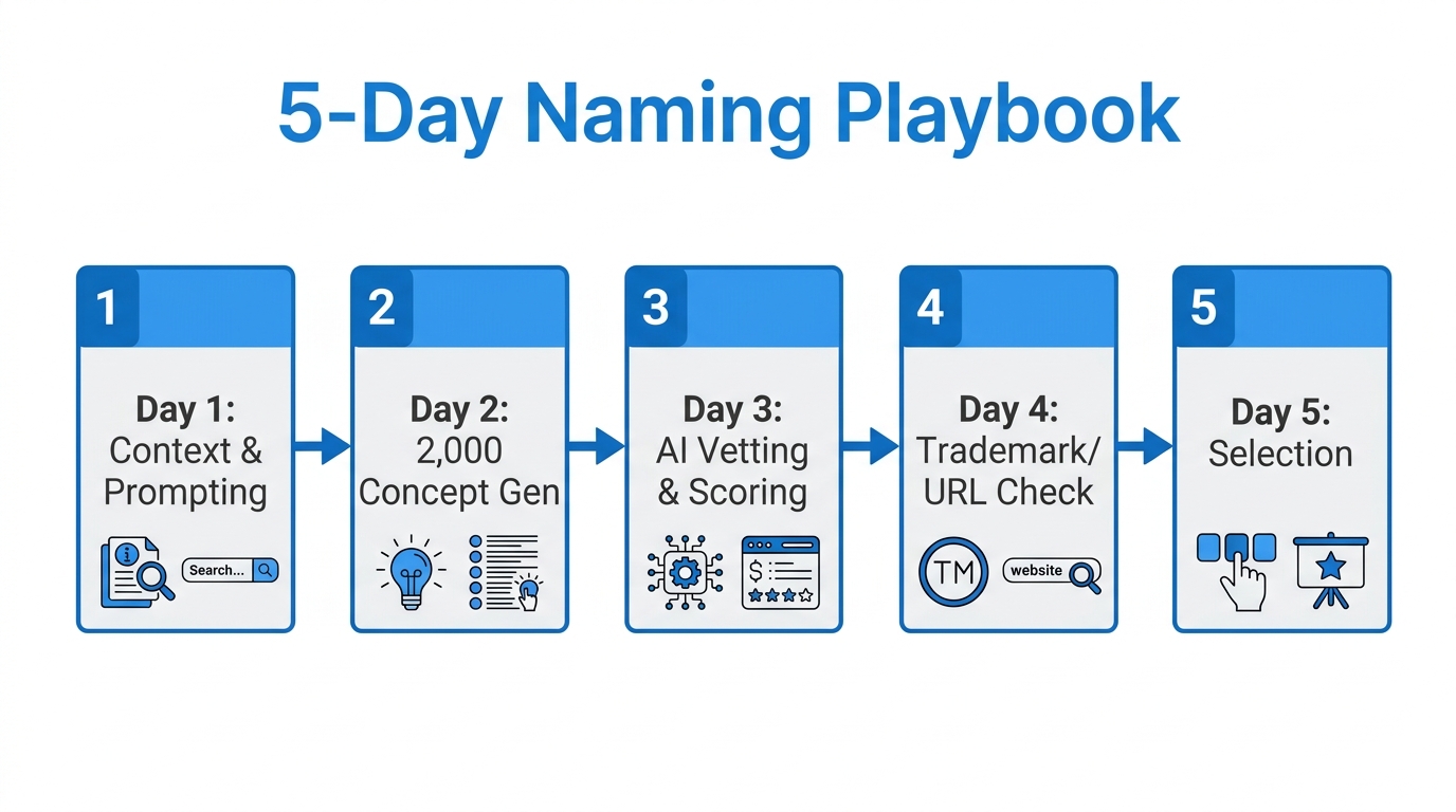 A five-day schedule for rapid brand name development and validation.