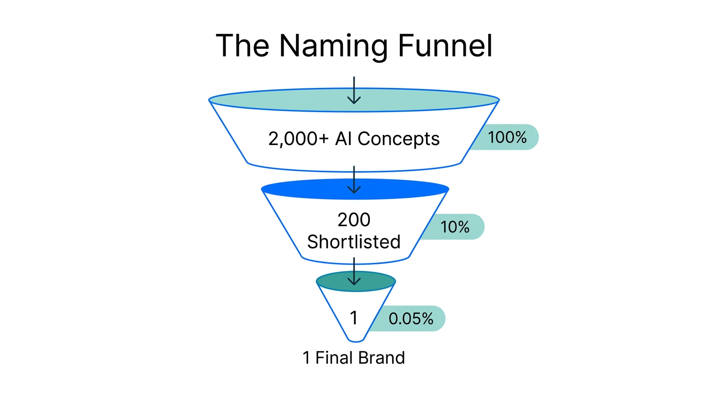 A funnel showing the conversion from high-volume AI generation to a final brand.