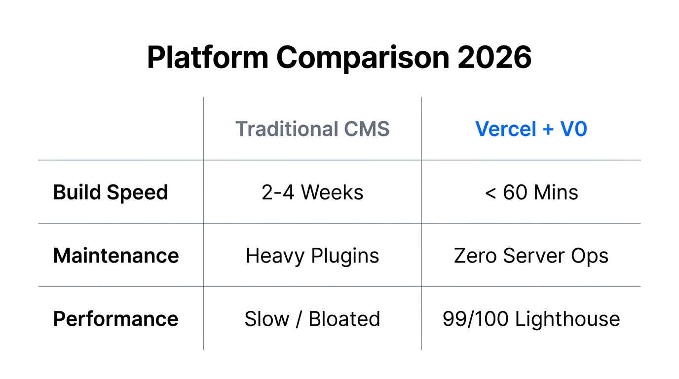 Performance and speed comparison: Traditional CMS versus Vercel V0 workflow.
